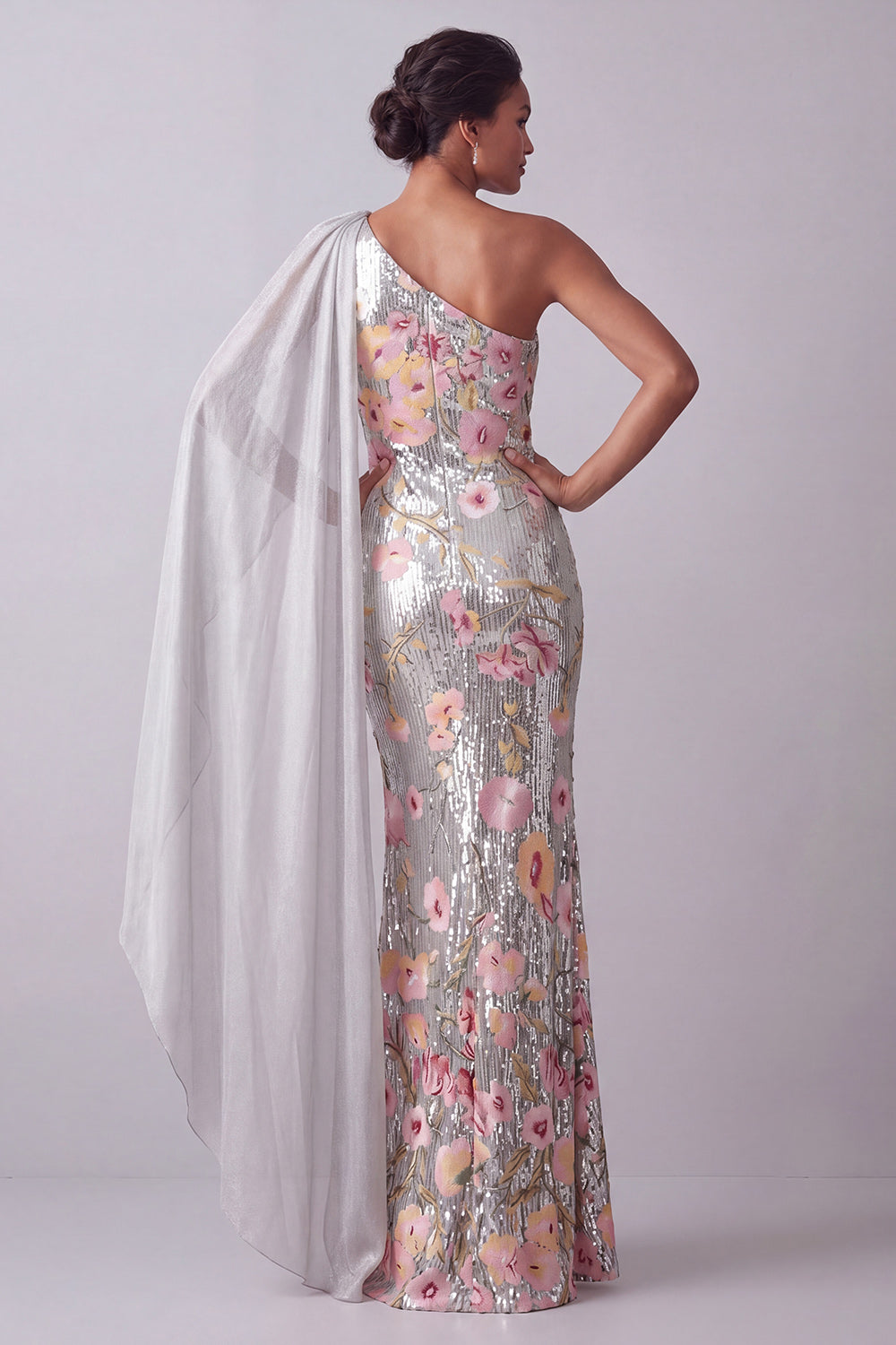 Sequin Floral Long Sparkly Silver Mermaid Mother of the Bride Dress with Side Cape