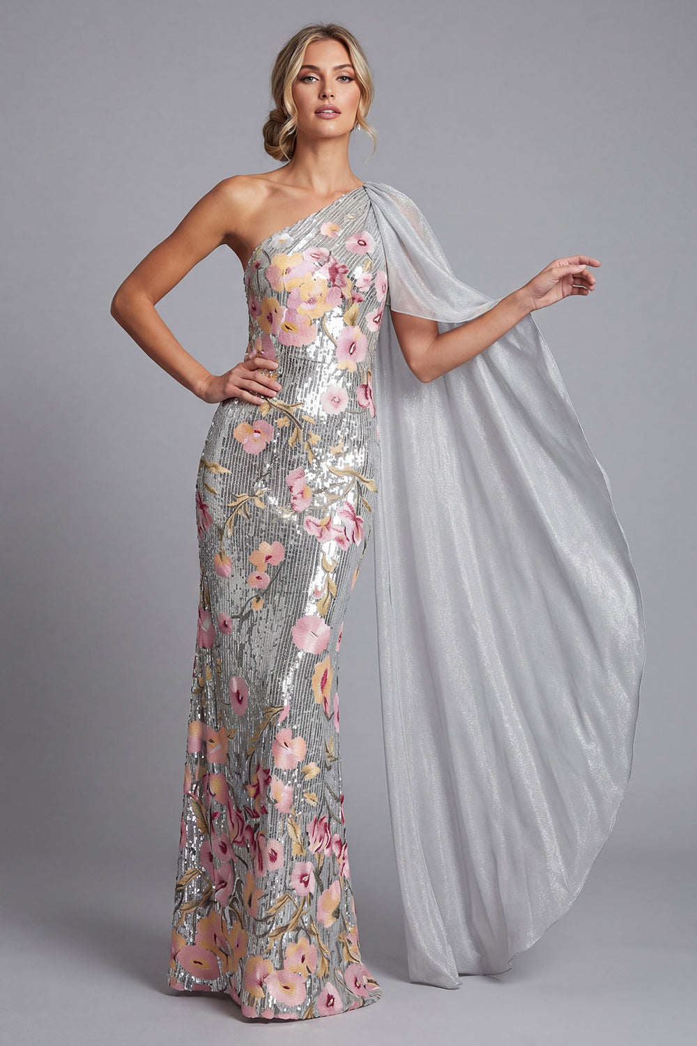 Sequin Floral Long Sparkly Silver Mermaid Mother of the Bride Dress with Side Cape
