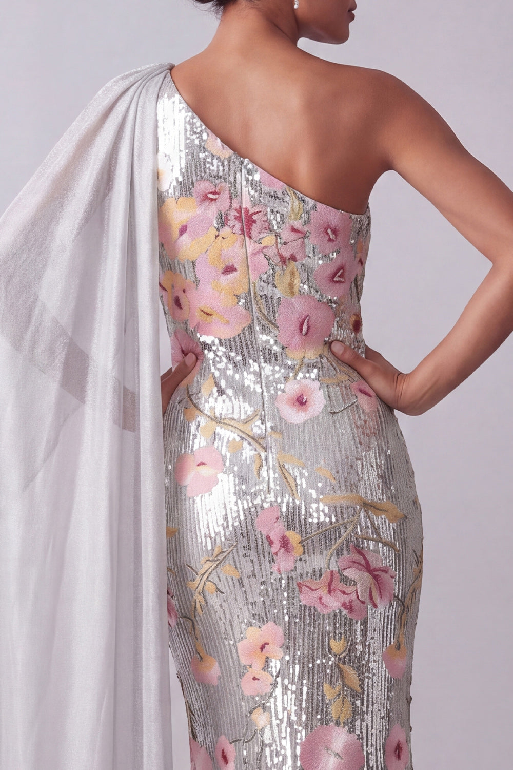 Sequin Floral Long Sparkly Silver Mermaid Mother of the Bride Dress with Side Cape