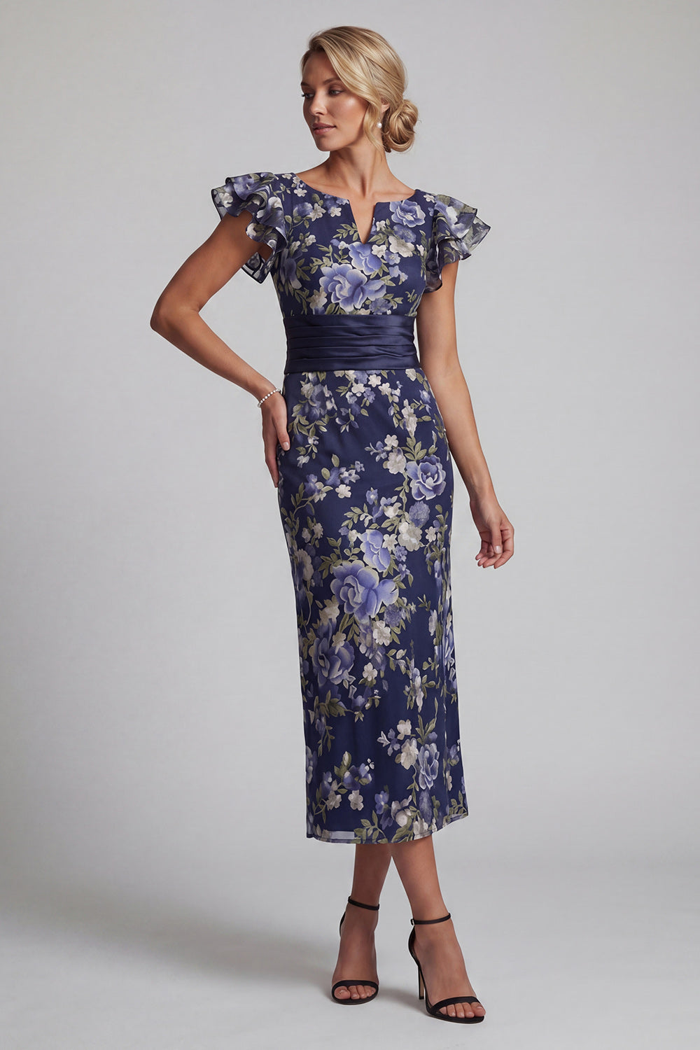 Sheath Maxi Navy Floral Mother of the Bride Dress with Ruffles