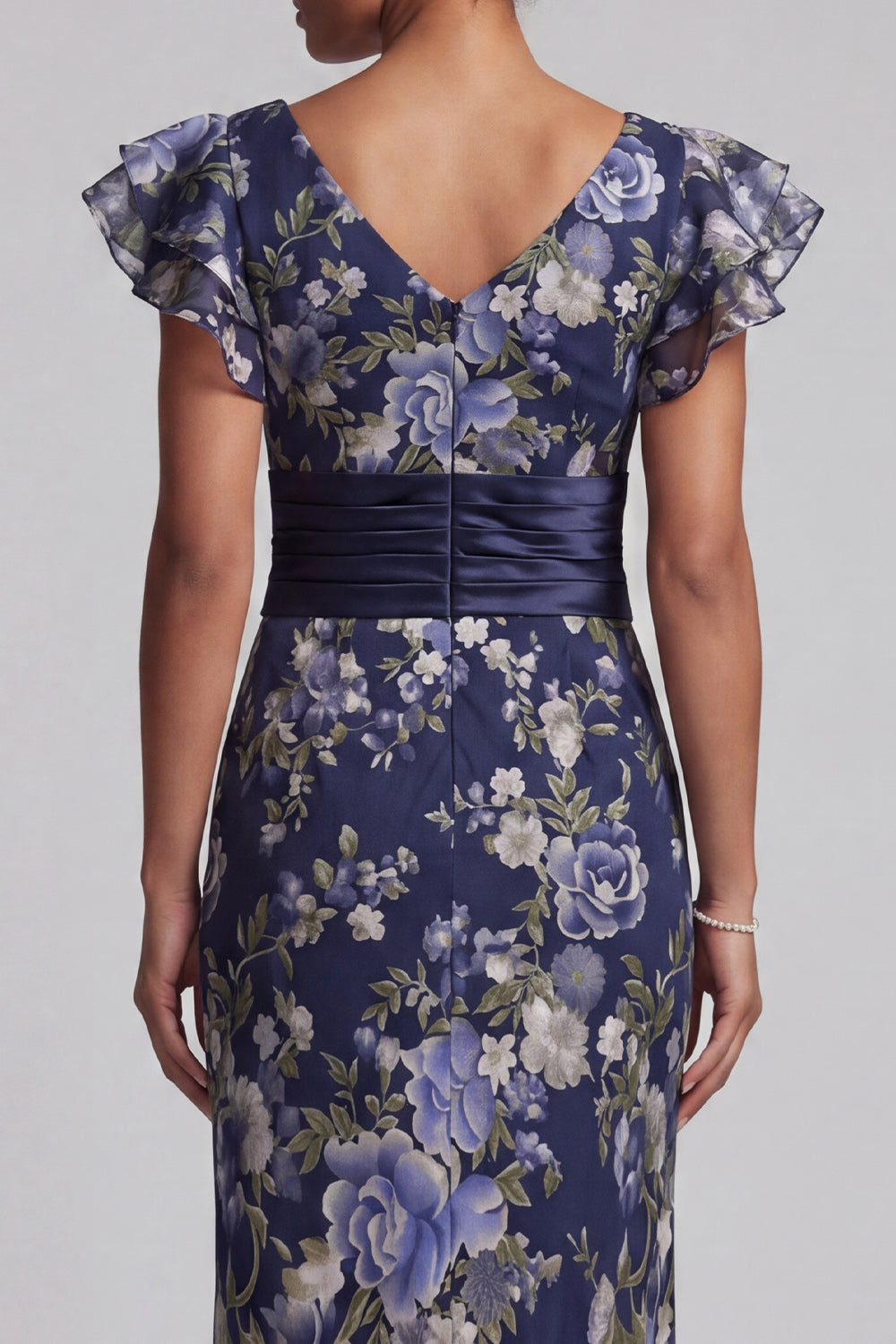 Sheath Maxi Navy Floral Mother of the Bride Dress with Ruffles