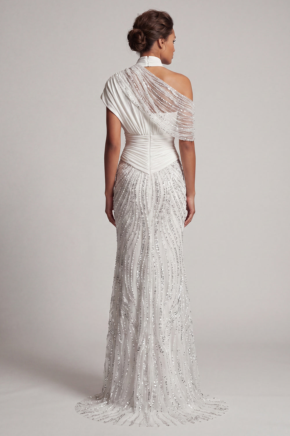 Long Beaded Mermaid Sparkly White Ruched Mother of the Bride Dress