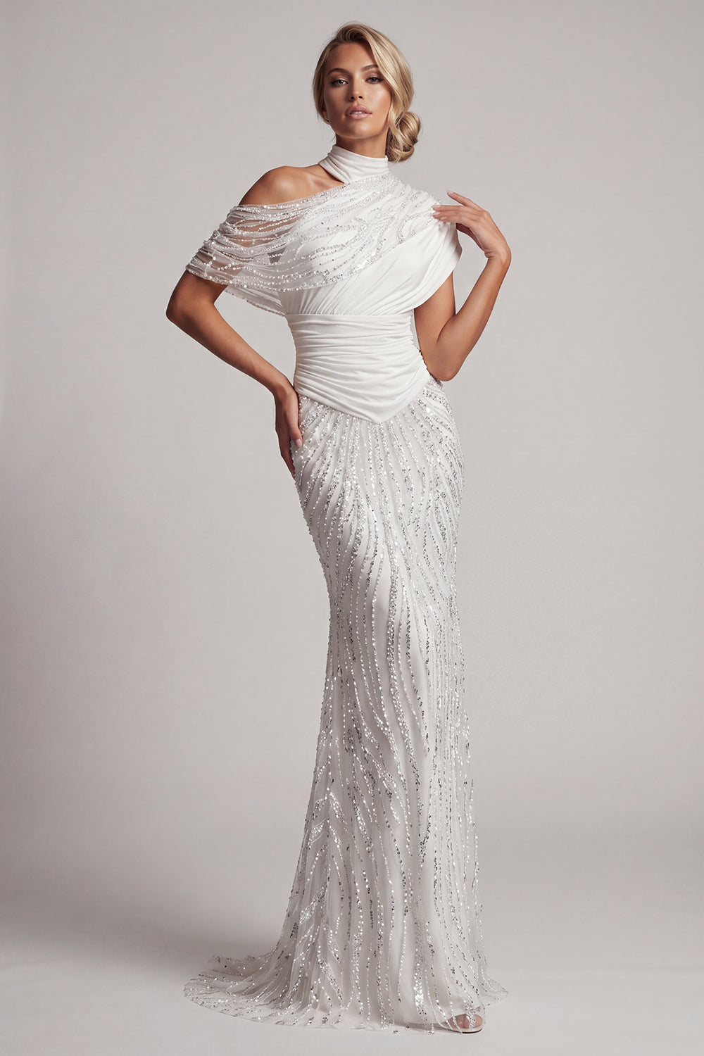 Long Beaded Mermaid Sparkly White Ruched Mother of the Bride Dress