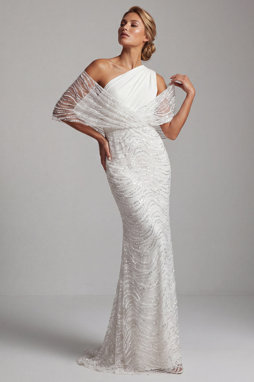 Mermaid Ruched Sparkly White Long Beaded Mother of the Bride Dress