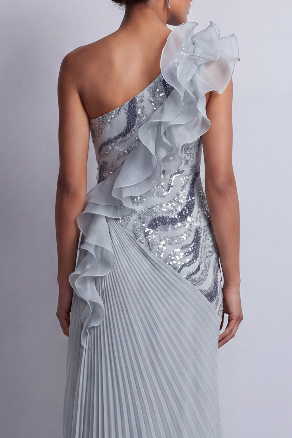 Sparkly Dusty Blue Long Beaded Mother of the Bride Dress with Ruffles