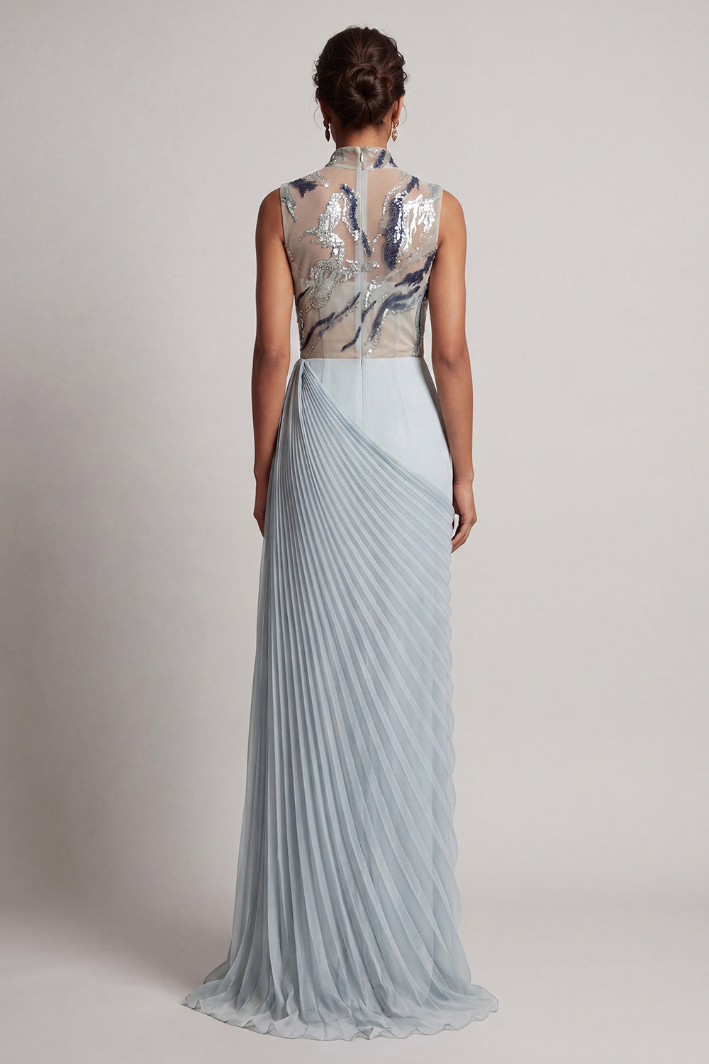 Sparkly Dusty Blue Sheath Beaded Long Mother of the Bride Dress with Pleats