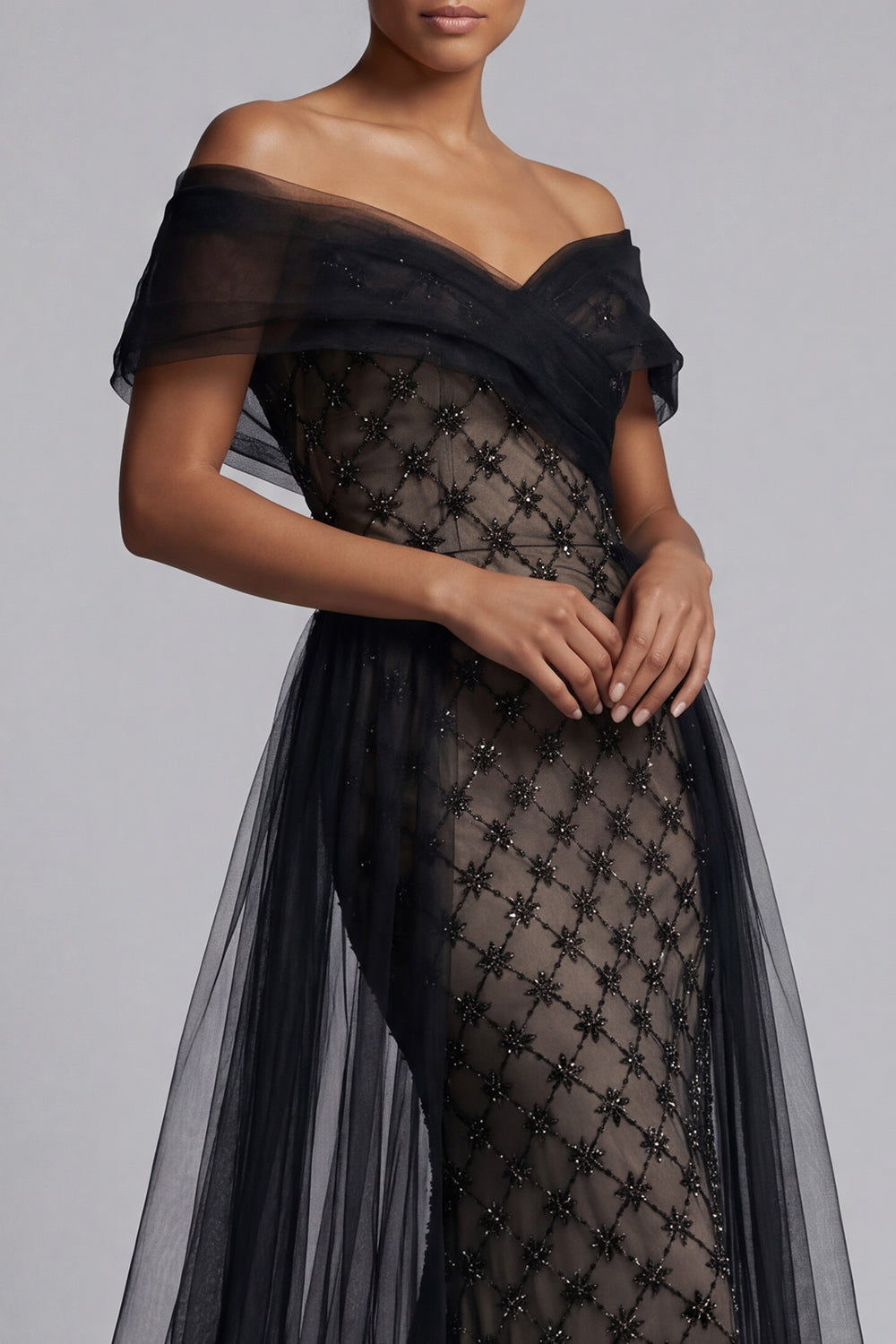 Sparkly Black Mermaid Beaded Long Mother of the Bride Dress with Cape