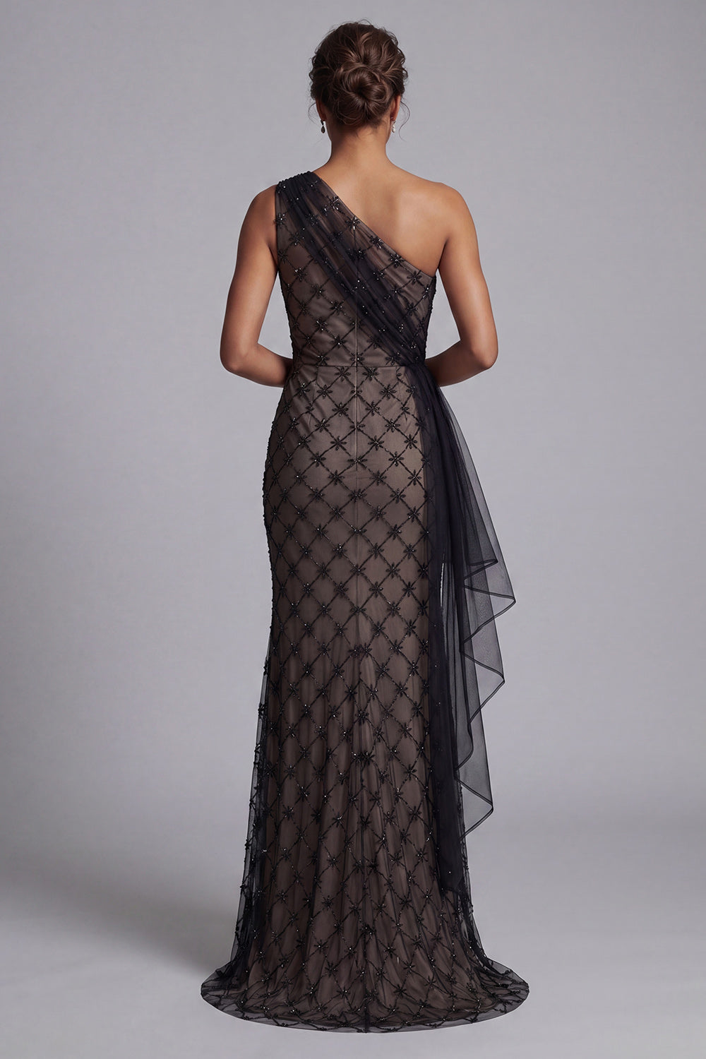 Sparkly Black One Shoulder Beaded Mermaid Long Mother of the Bride Dress with Ruffles