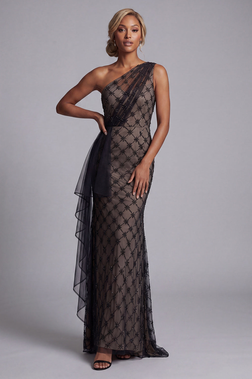 Sparkly Black One Shoulder Beaded Mermaid Long Mother of the Bride Dress with Ruffles