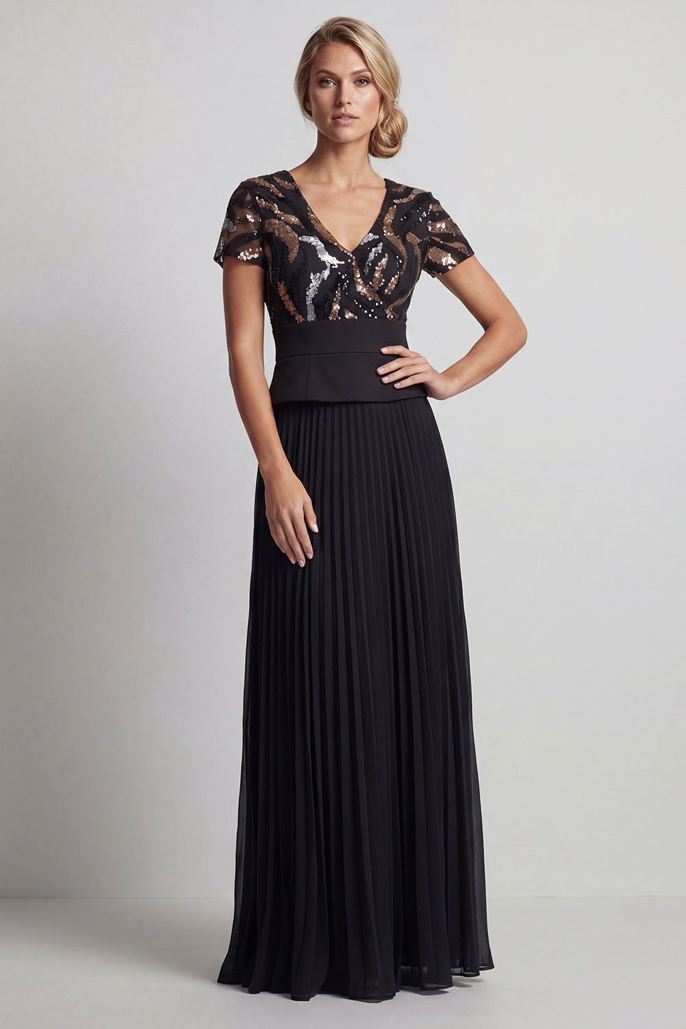 Sparkly Black Beaded V-Neck A Line Long Mother of the Bride Dress with Pleats