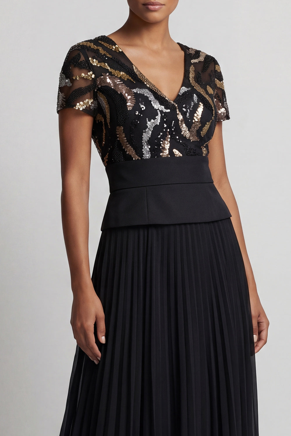 Sparkly Black Beaded V-Neck A Line Long Mother of the Bride Dress with Pleats