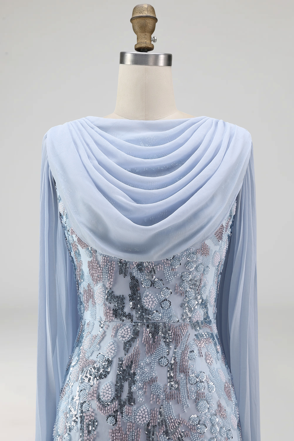 Sparkly Sky Blue Long Beaded Mermaid Mother of the Bride Dress with Cape