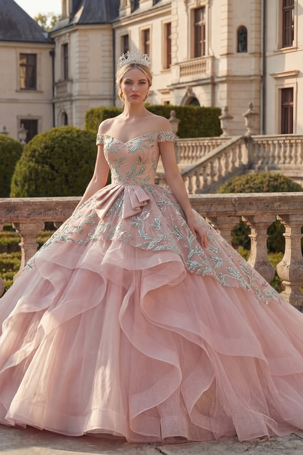 Ruffled Princess Blush Appliqued Long Quinceanera Dress with Sash