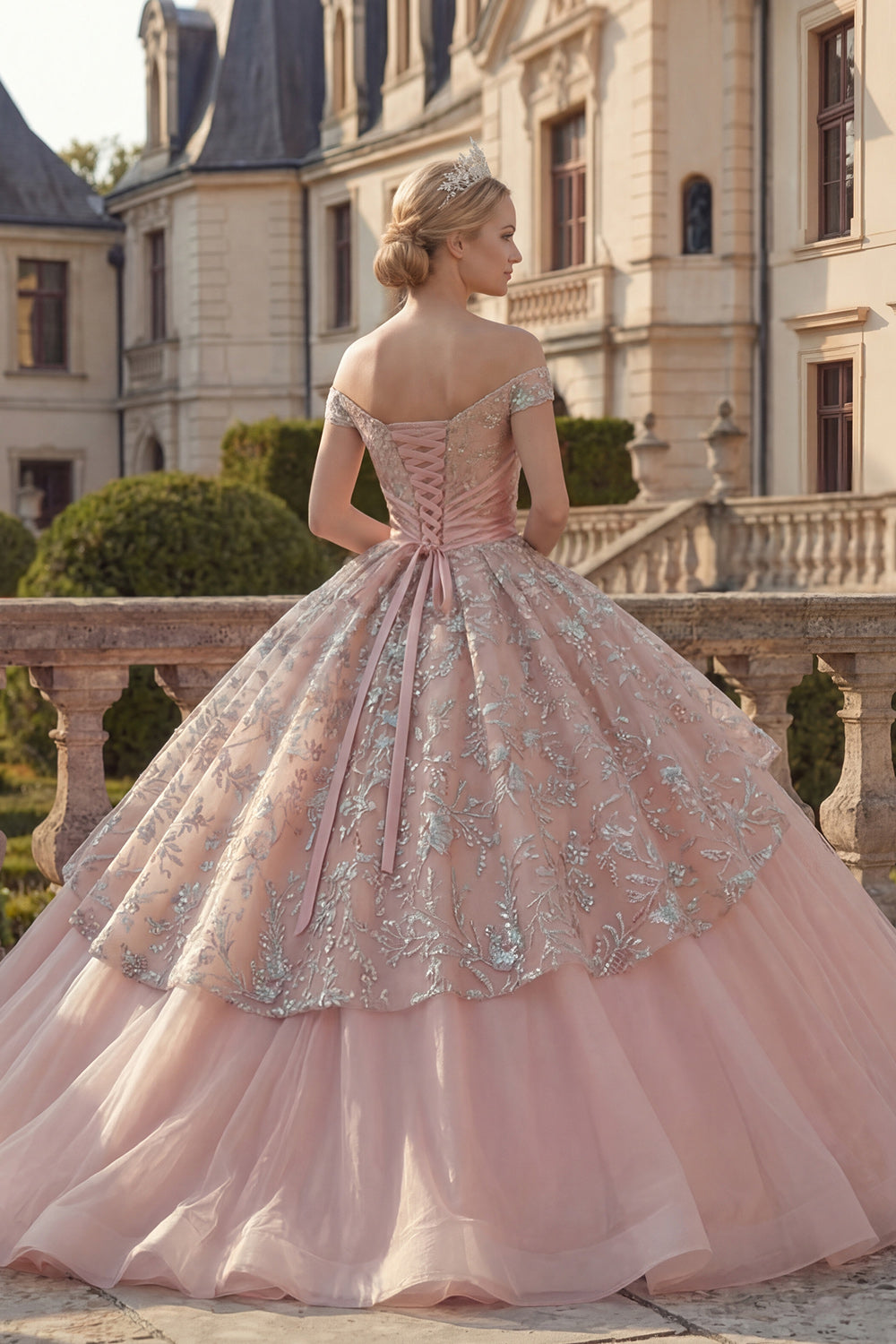 Ruffled Princess Blush Appliqued Long Quinceanera Dress with Sash