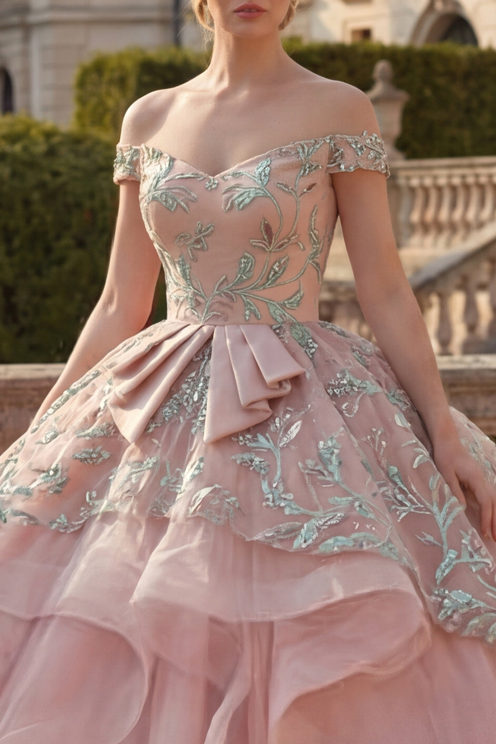 Ruffled Princess Blush Appliqued Long Quinceanera Dress with Sash