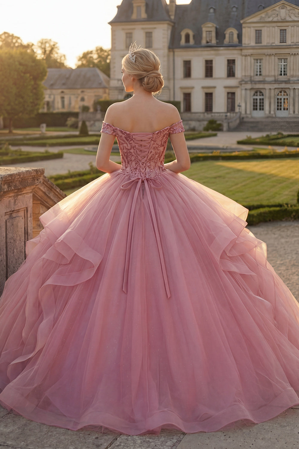 Sequin Long Princess Pink Quinceanera Dress with Ruffles