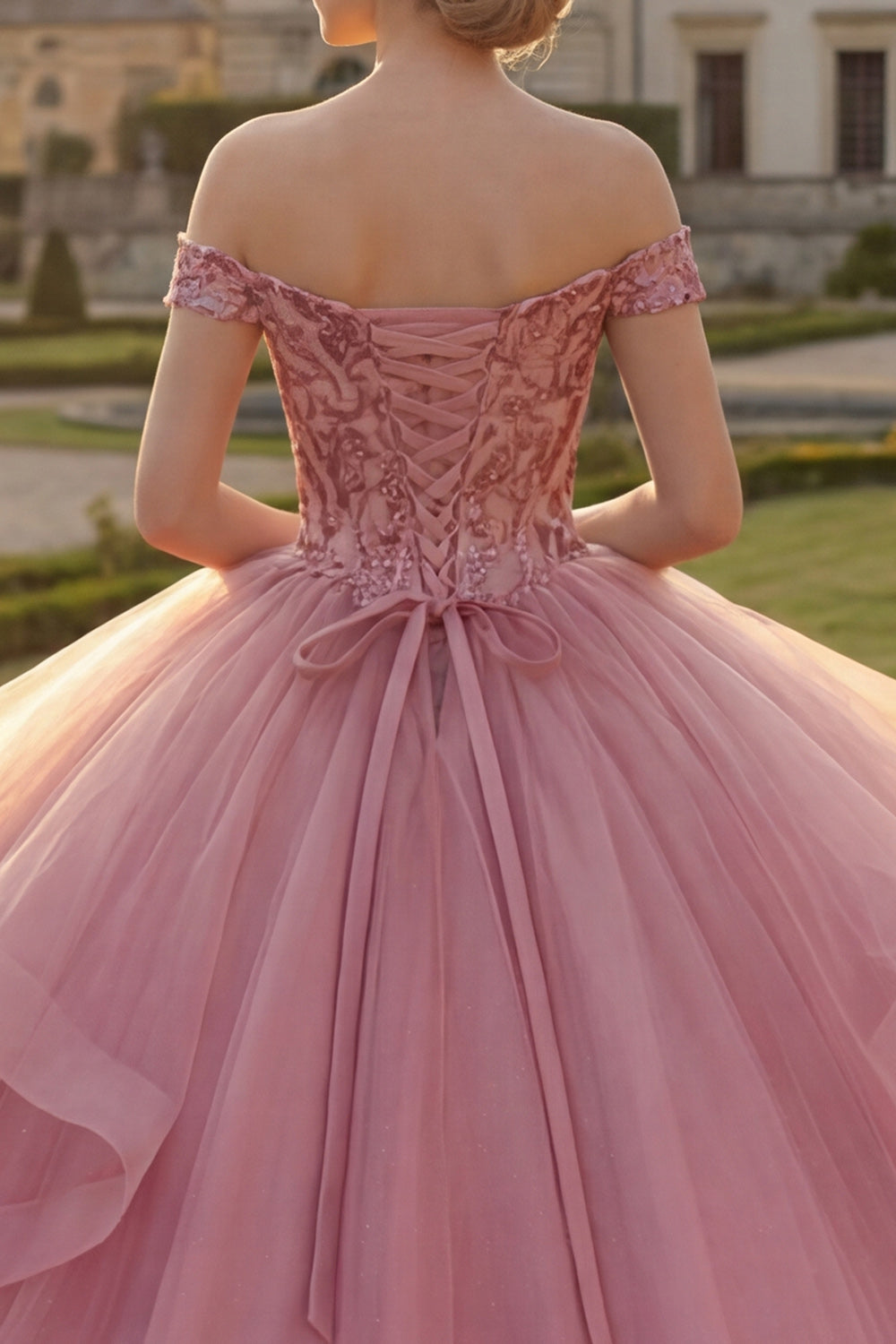 Sequin Long Princess Pink Quinceanera Dress with Ruffles