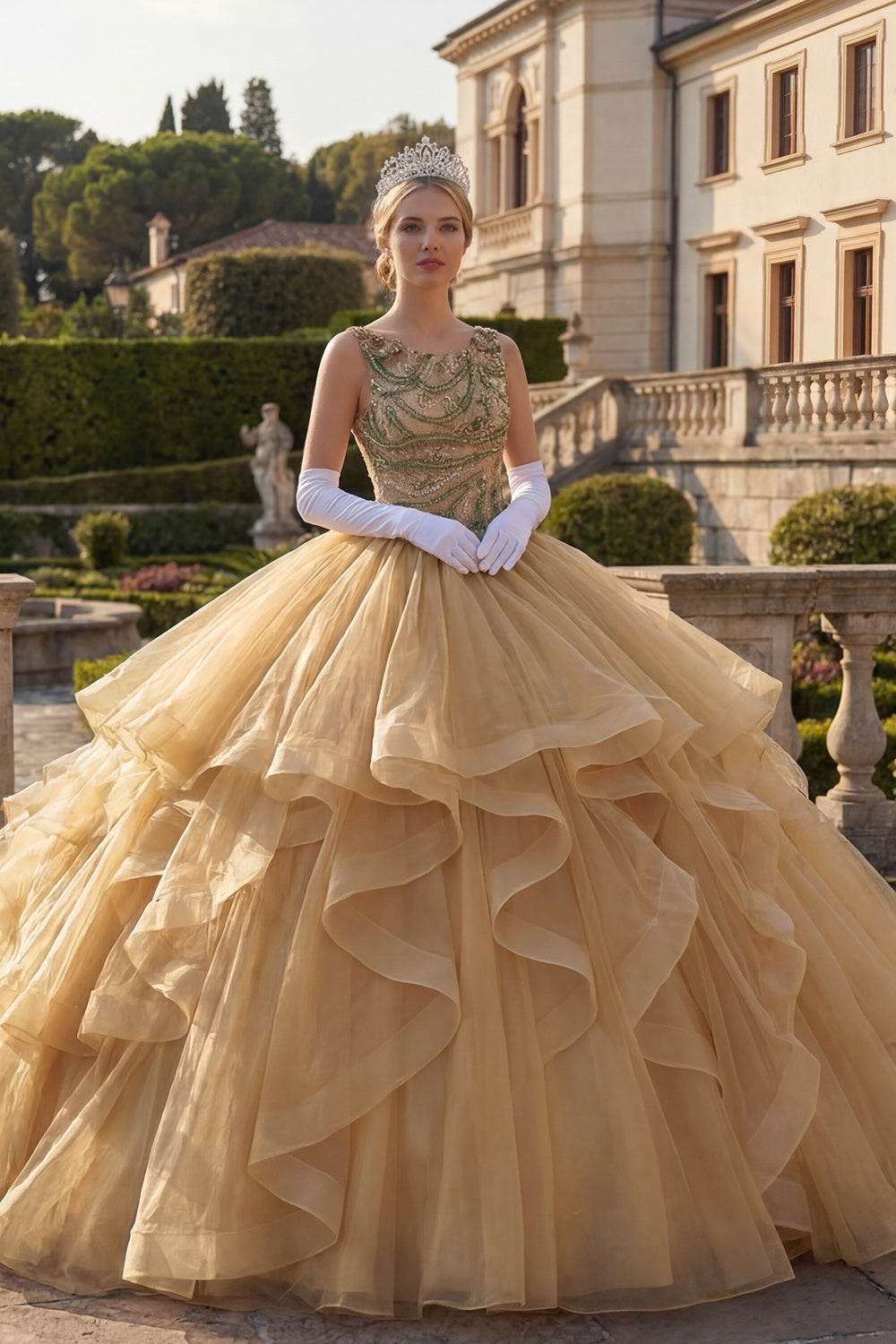 Beaded Long Mustard Yellow Princess Quinceanera Dress with Ruffles