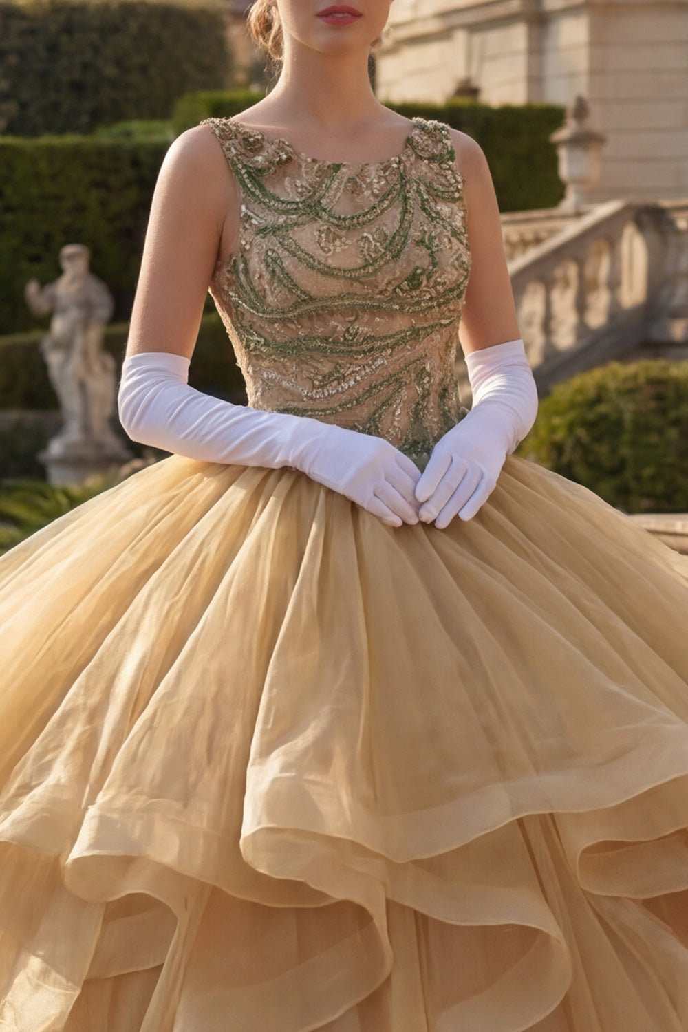 Beaded Long Mustard Yellow Princess Quinceanera Dress with Ruffles