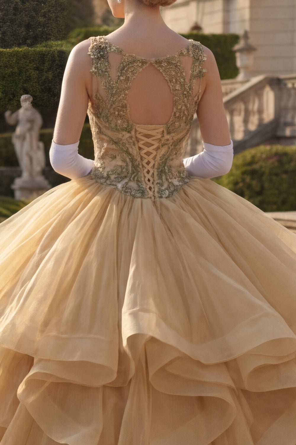 Beaded Long Mustard Yellow Princess Quinceanera Dress with Ruffles