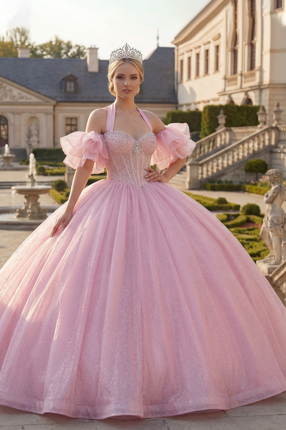 Glitter Corset Halter Pink Beaded Long Princess Quinceanera Dress with Ruffles