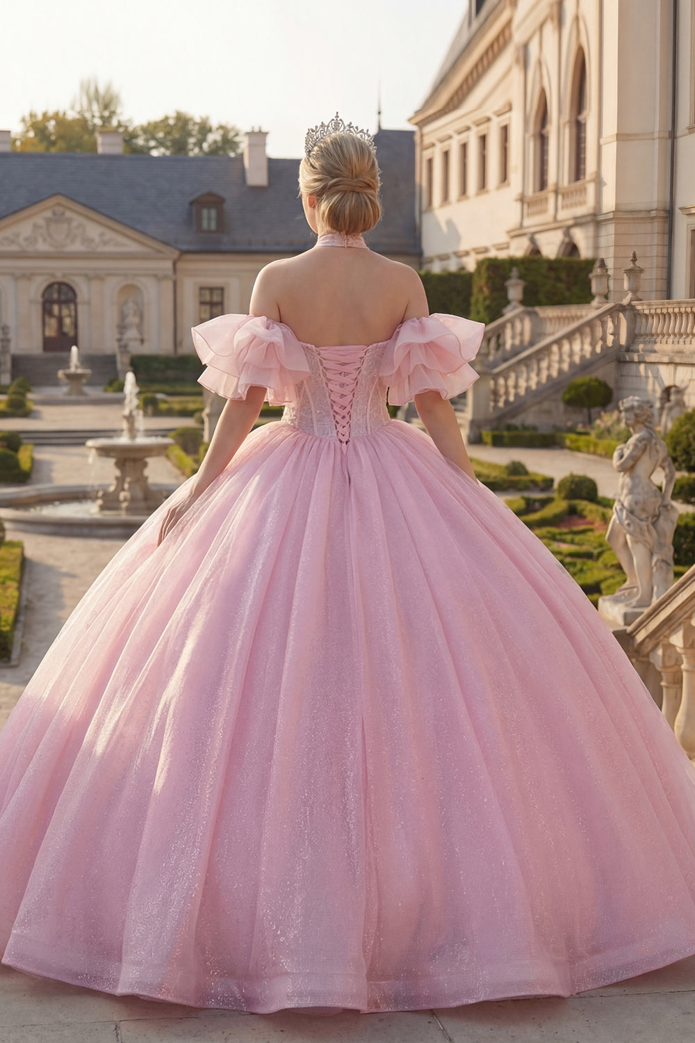 Glitter Corset Halter Pink Beaded Long Princess Quinceanera Dress with Ruffles