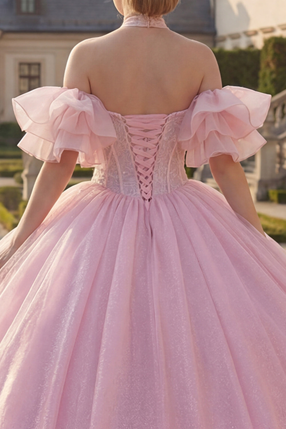 Glitter Corset Halter Pink Beaded Long Princess Quinceanera Dress with Ruffles