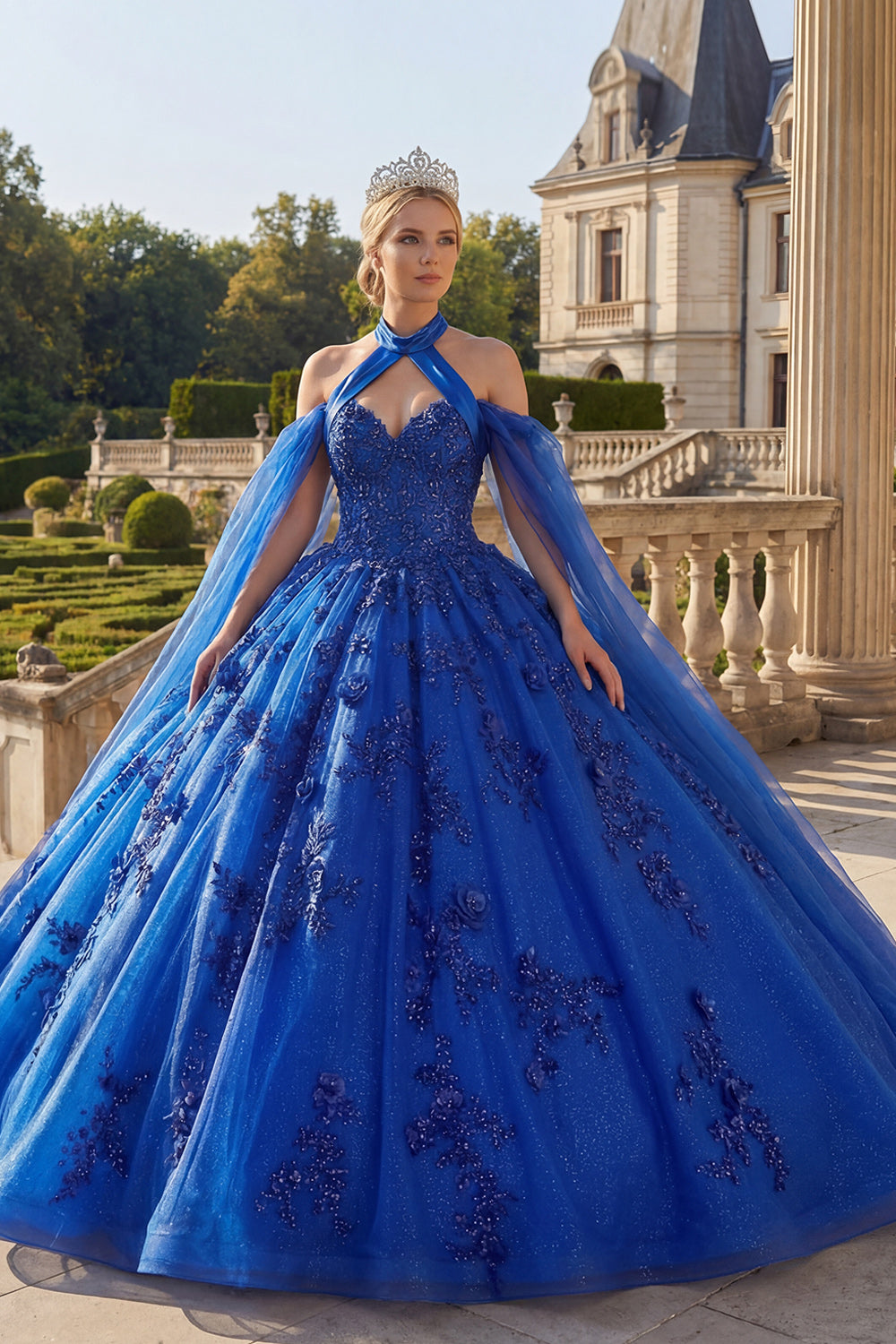 Sparkly Beaded Princess Royal Blue Long Floral Quinceanera Dress with Cape