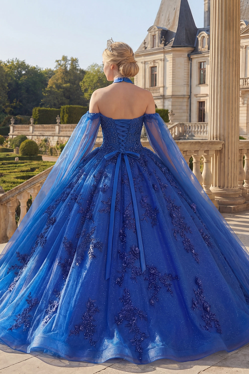 Sparkly Beaded Princess Royal Blue Long Floral Quinceanera Dress with Cape