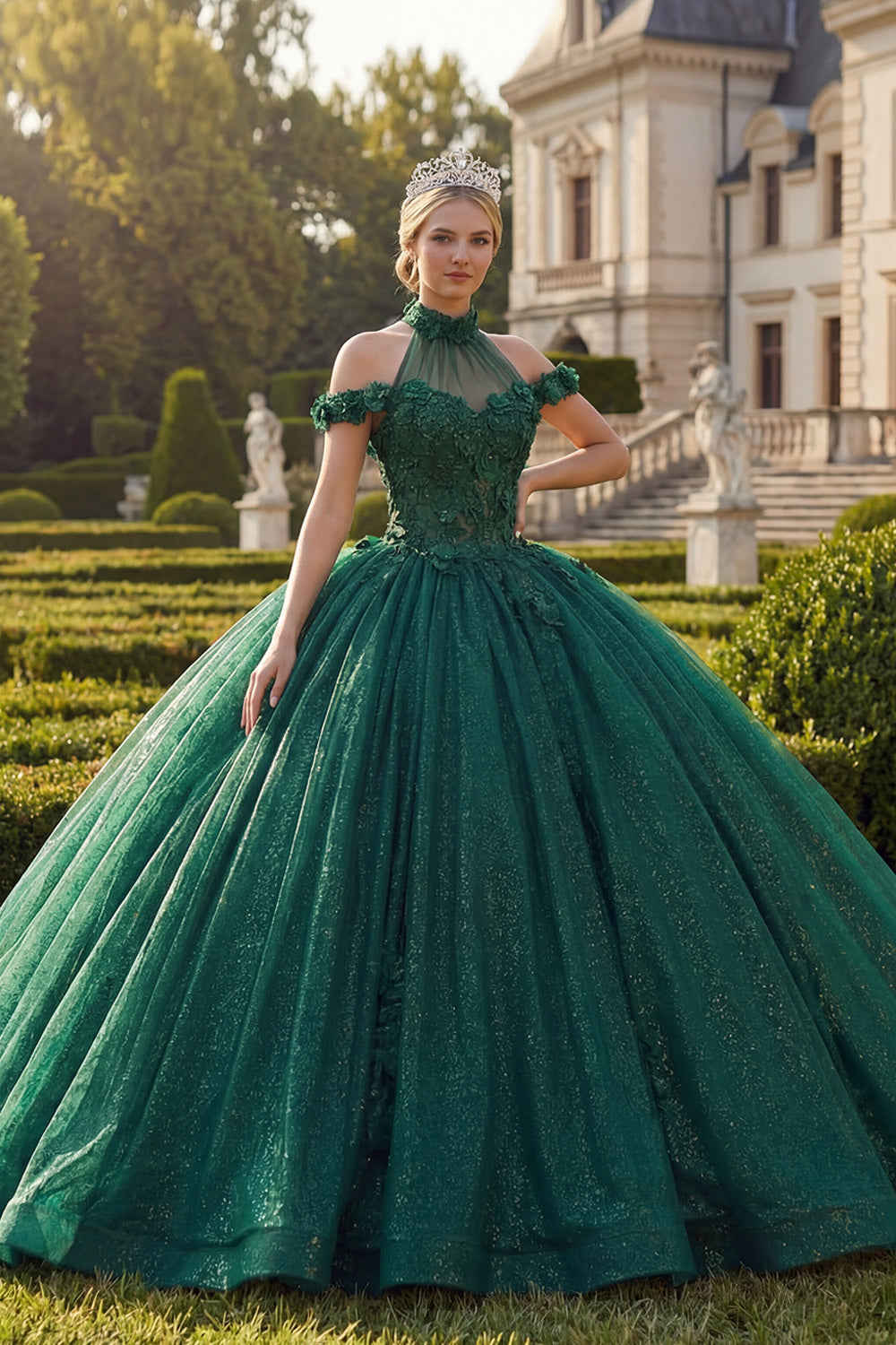Glitter Long Dark Green High Neck Princess Floral Quinceanera Dress