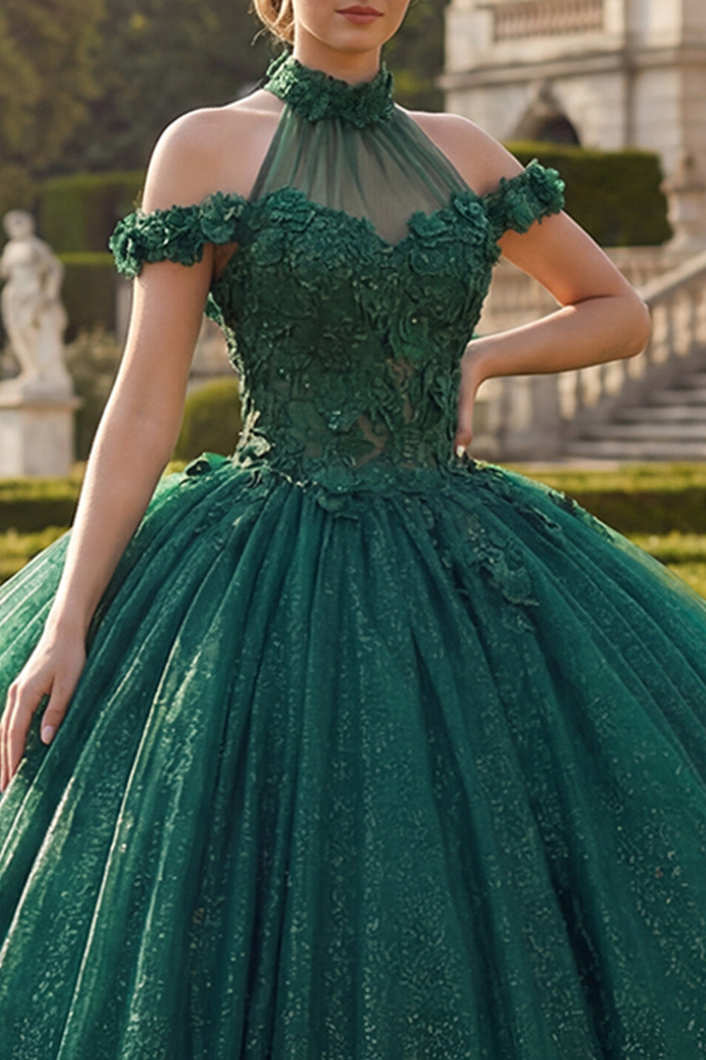 Glitter Long Dark Green High Neck Princess Floral Quinceanera Dress