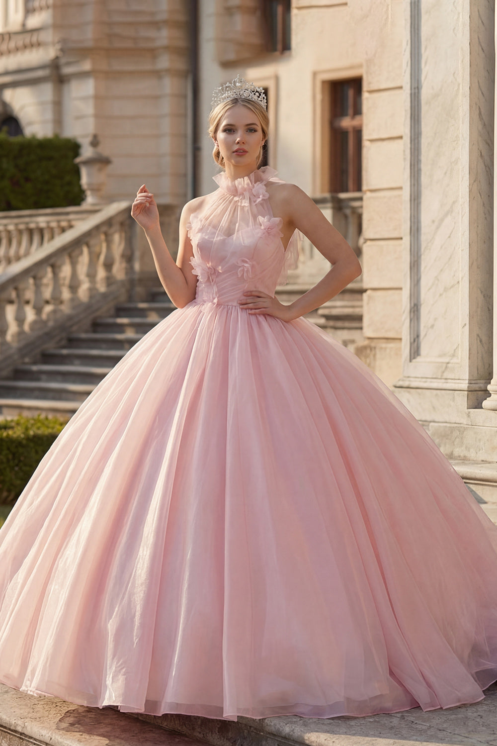 Blush Floral Ruched High Neck Long Princess Quinceanera Dress