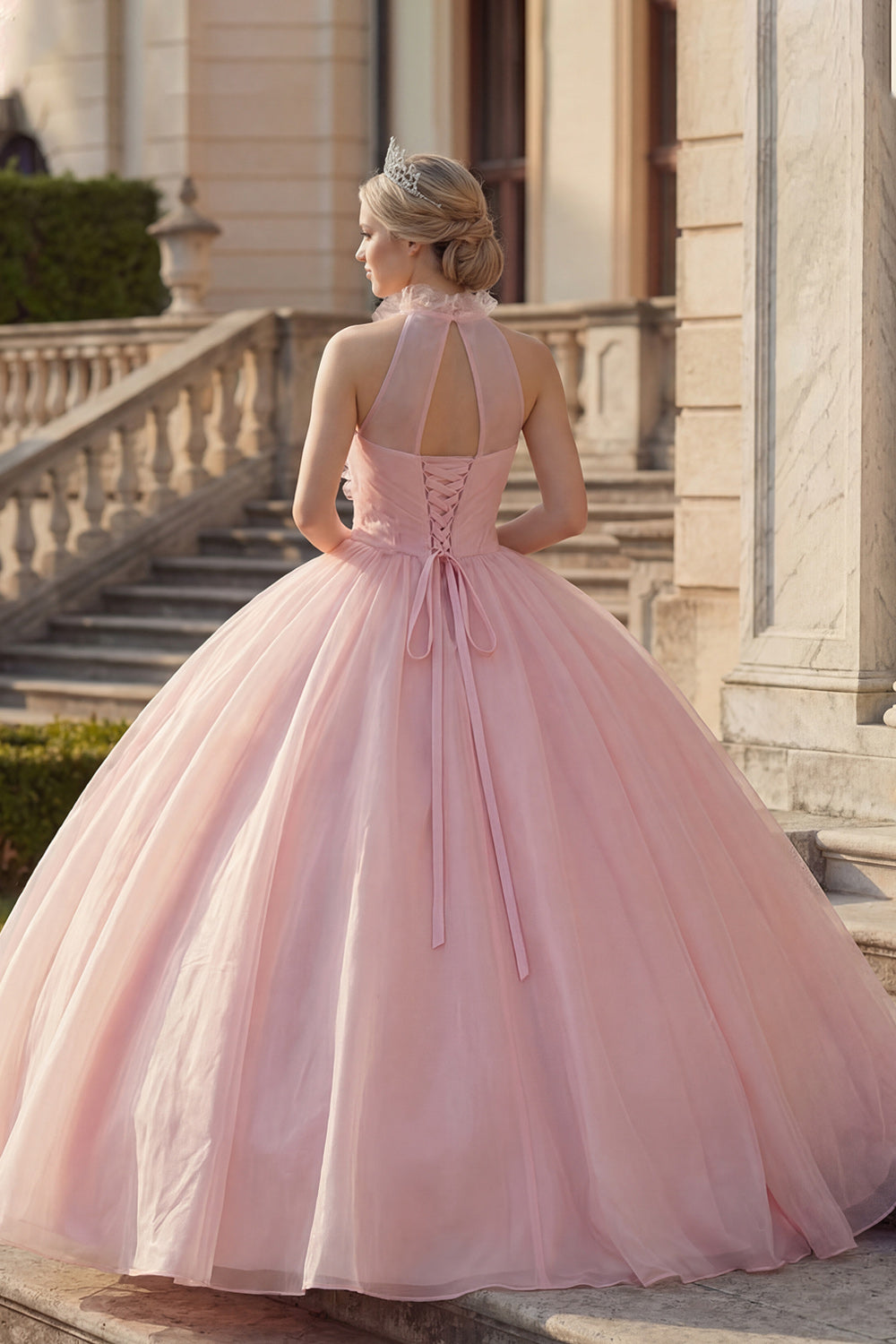Blush Floral Ruched High Neck Long Princess Quinceanera Dress