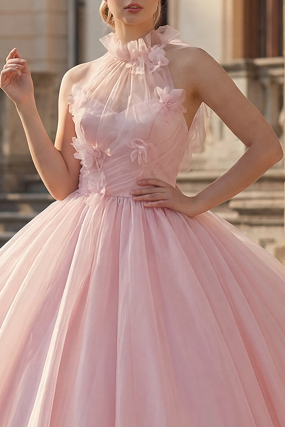 Blush Floral Ruched High Neck Long Princess Quinceanera Dress