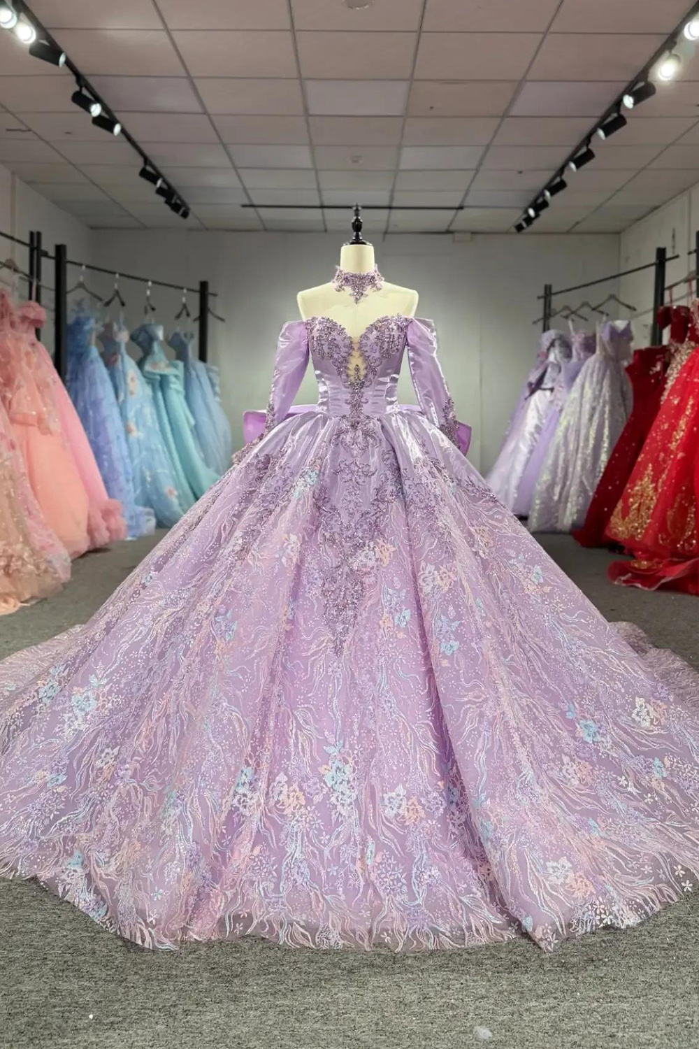 Light Purple Sparkly Floral Beaded Long Quinceanera Dress Ball Gown Off the Shoulder Long Sleeves Sweet 16 Dress with Bow