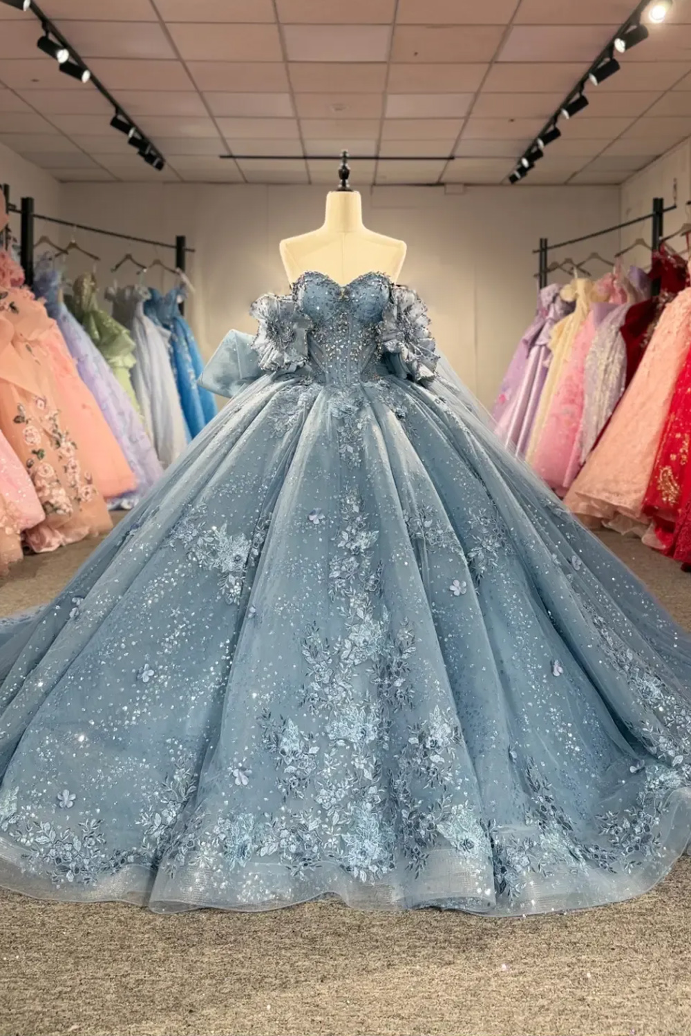 Dusty Blue Sparkly Sequin Corset Floral Ruffled Long Quinceanera Dress Tulle Beaded Ball Gown Off the Shoulder Sweet 16 Dress with Rhinestones