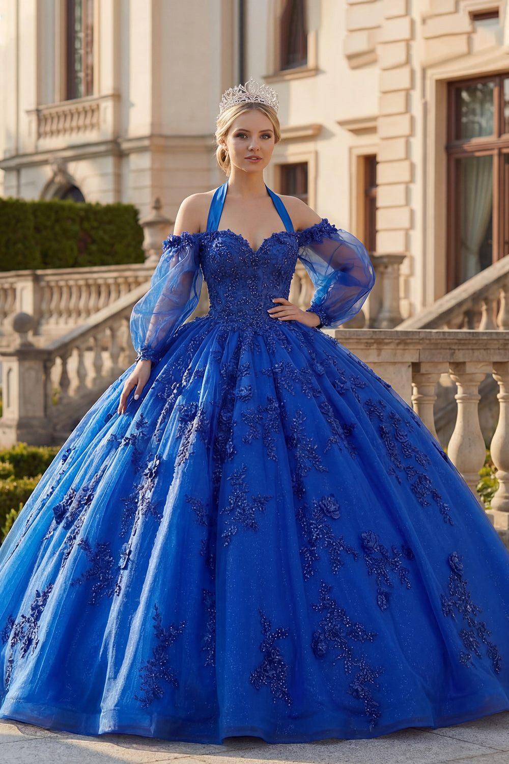 Royal Blue Beaded Princess Glitter Long Floral Quinceanera Dress with Bow