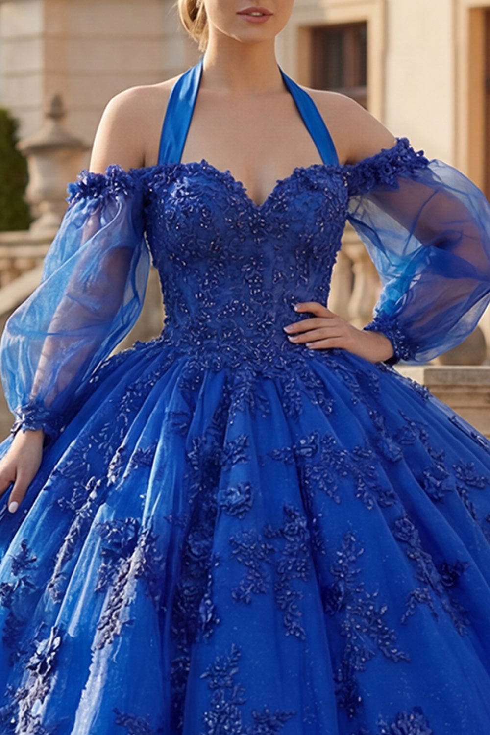 Royal Blue Beaded Princess Glitter Long Floral Quinceanera Dress with Bow