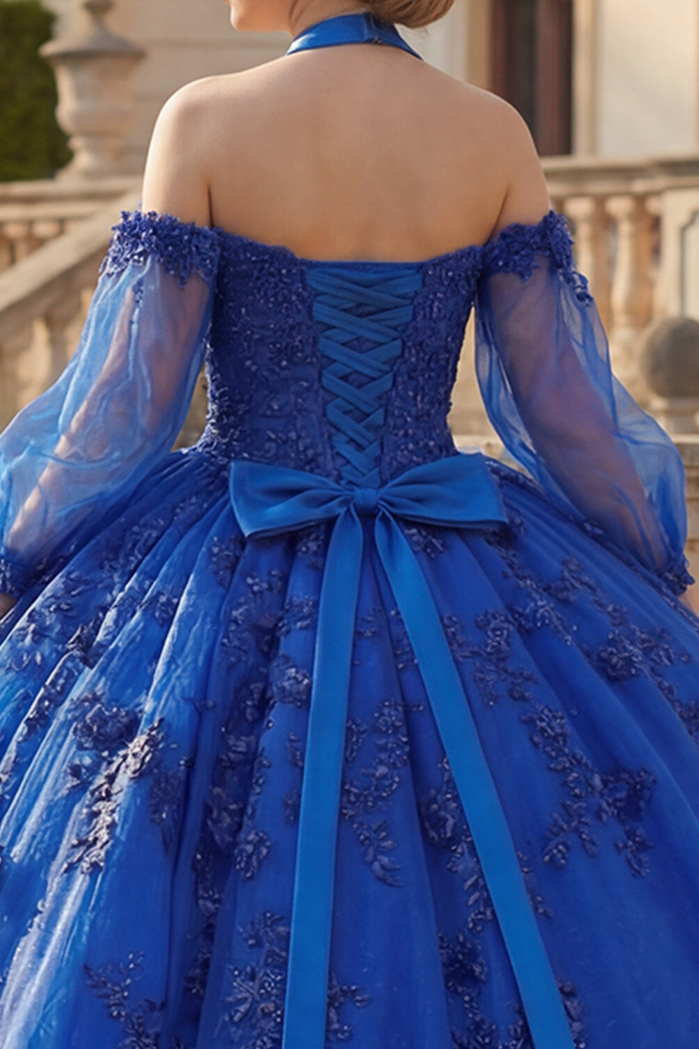Royal Blue Beaded Princess Glitter Long Floral Quinceanera Dress with Bow