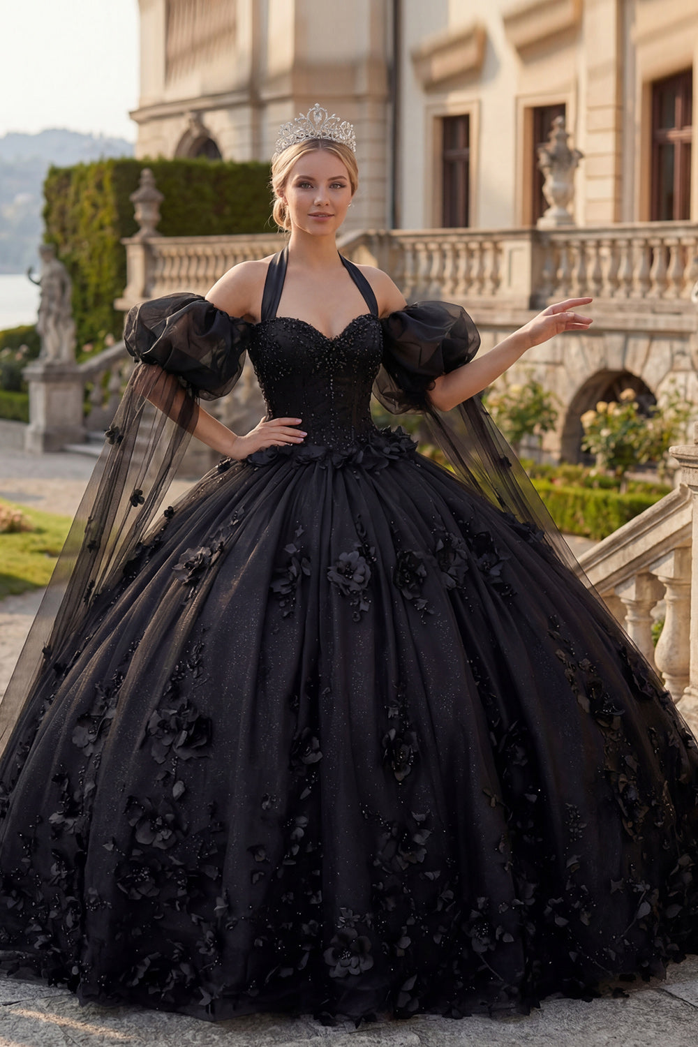 Black Long Beaded Princess Glitter Floral Quinceanera Dress with Cape