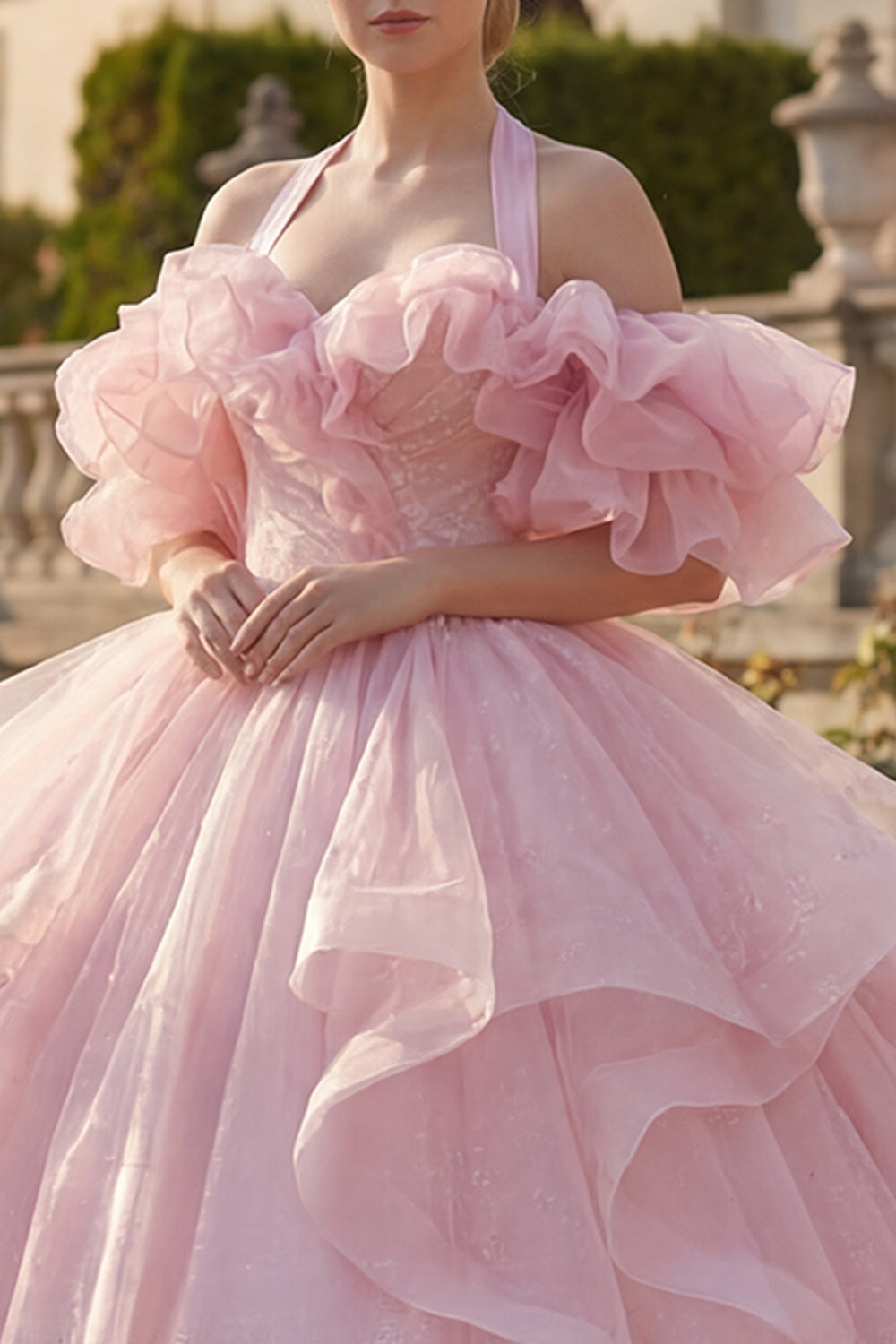 Princess Glitter Long Halter Blush Quinceanera Dress with Ruffles