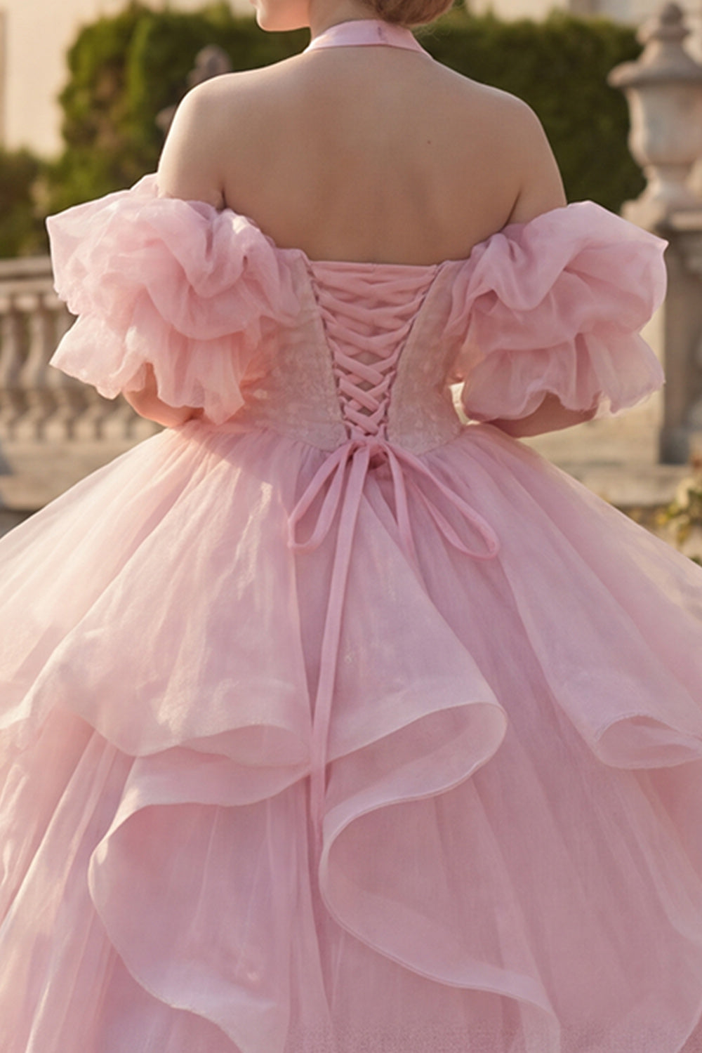 Princess Glitter Long Halter Blush Quinceanera Dress with Ruffles