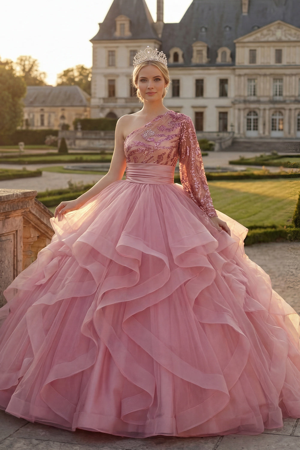 Sparkly Pink Princess Sequin Long Quinceanera Dress with Ruffles