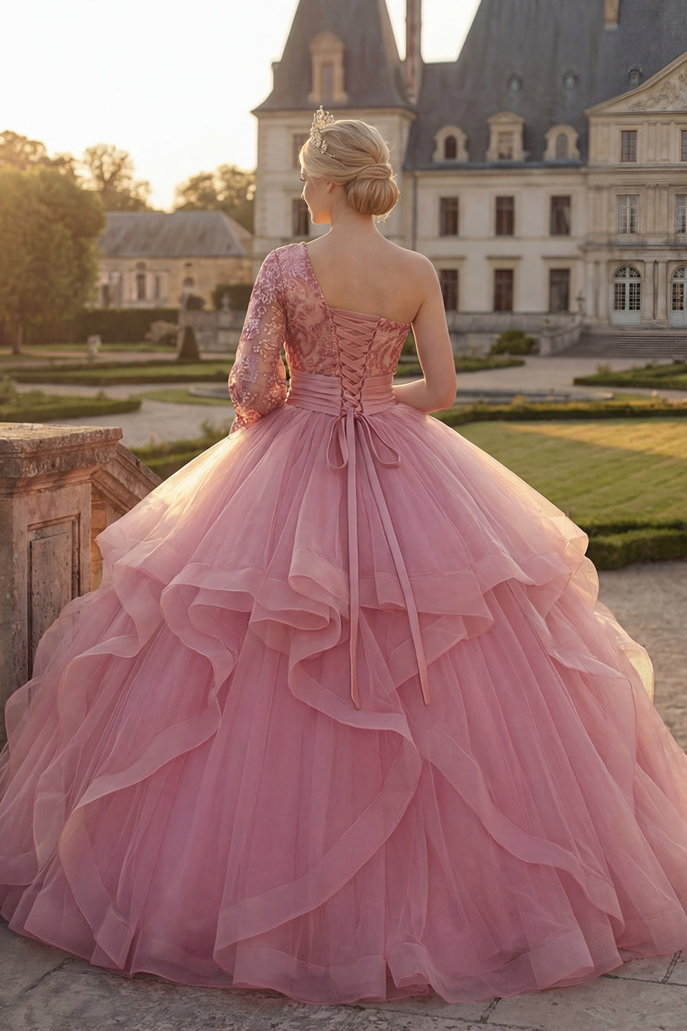 Sparkly Pink Princess Sequin Long Quinceanera Dress with Ruffles