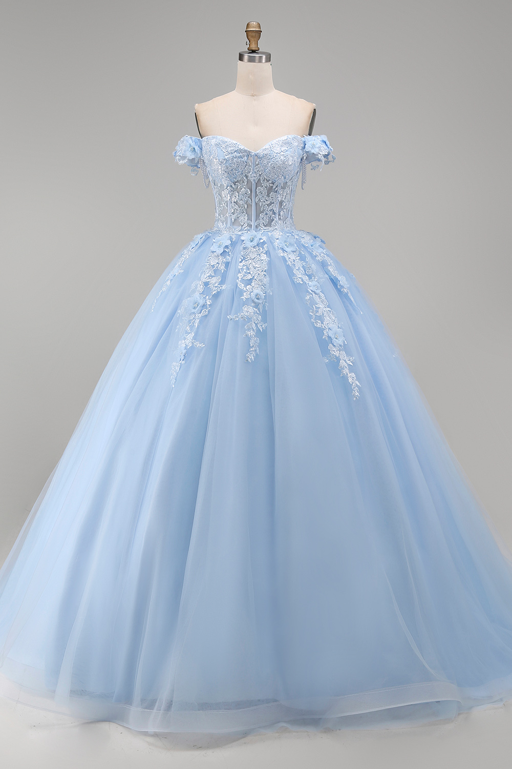Corset Light Blue Floral Long Princess Quinceanera Dress with Pearls