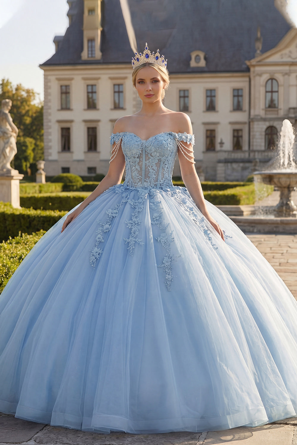 Corset Light Blue Floral Long Princess Quinceanera Dress with Pearls