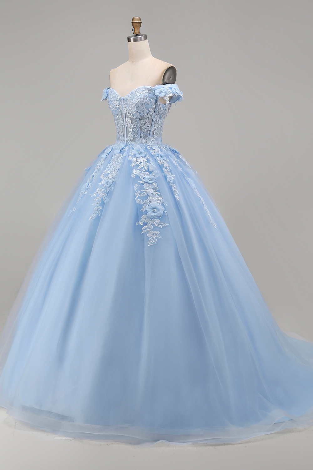 Corset Light Blue Floral Long Princess Quinceanera Dress with Pearls