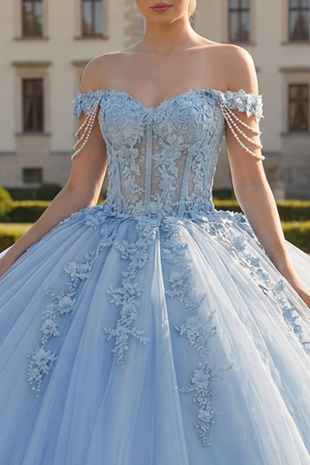 Corset Light Blue Floral Long Princess Quinceanera Dress with Pearls
