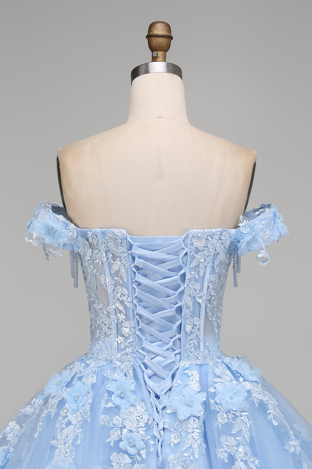 Corset Light Blue Floral Long Princess Quinceanera Dress with Pearls