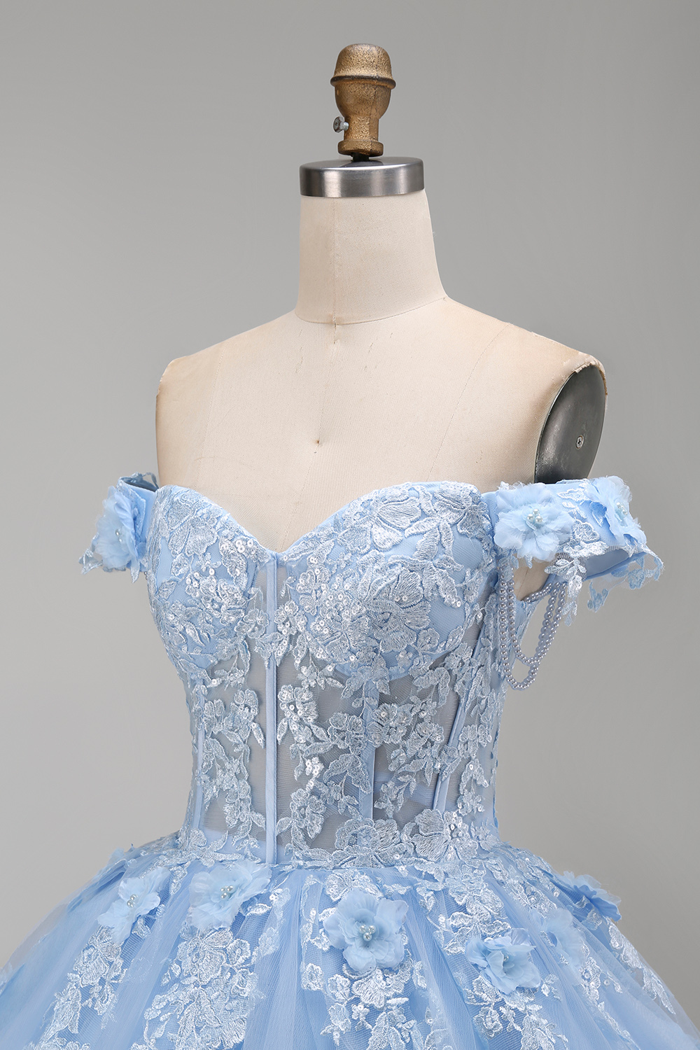 Corset Light Blue Floral Long Princess Quinceanera Dress with Pearls